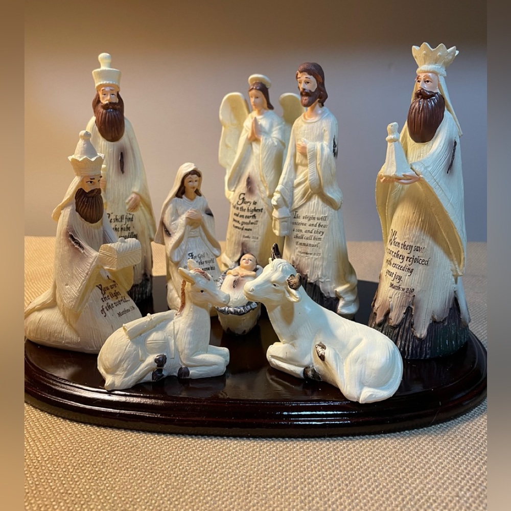 Kirkland Sentiment Nativity Set,Carved Resin Set of 9 Figures, Base, in Box
